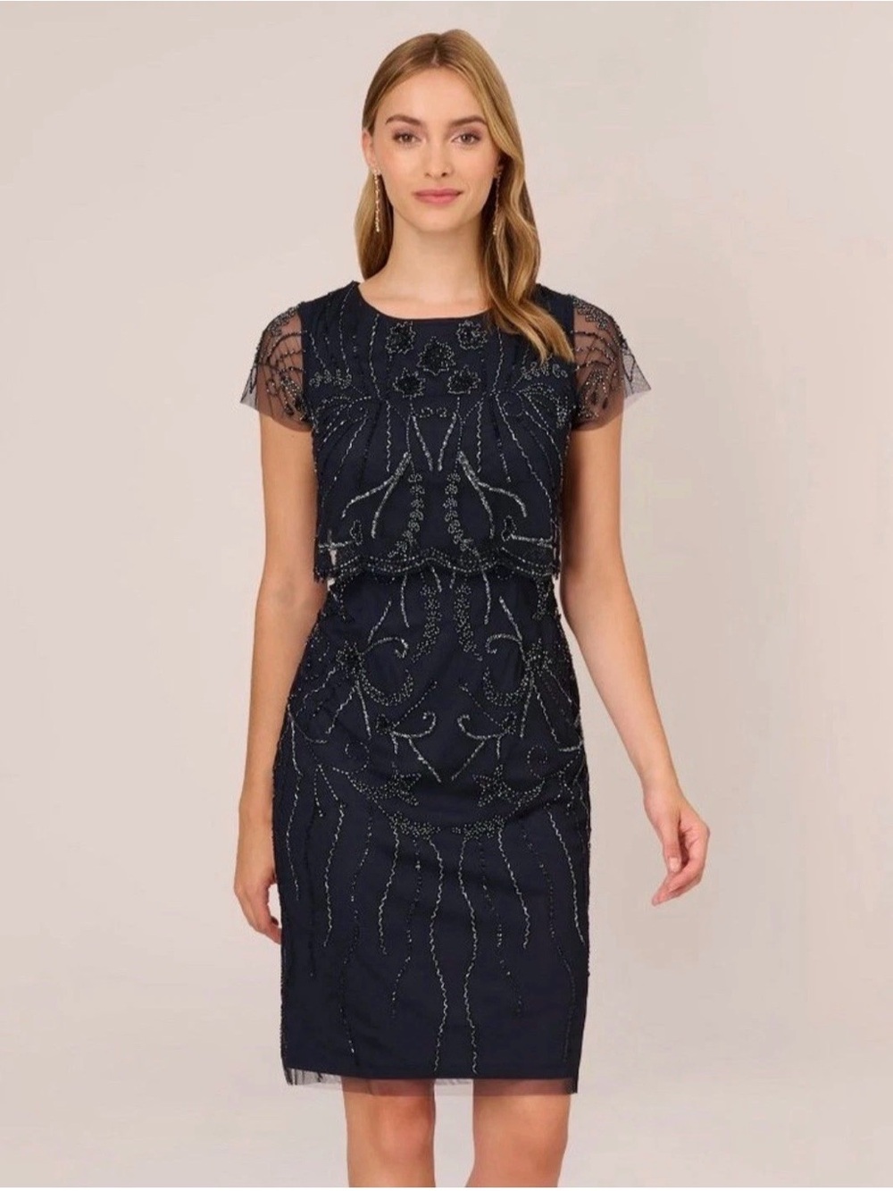 Adrianna Papell Navy Beaded Overlay Cocktail Dress size 16 new